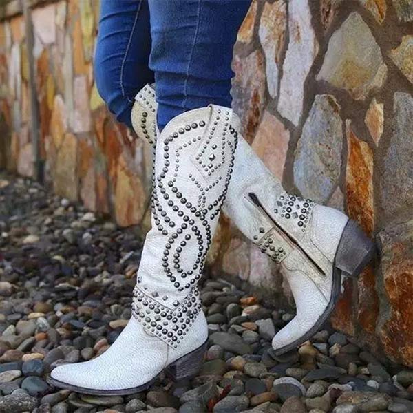 Valenzora - High Boots with Metal Studs and Chunky Heel
