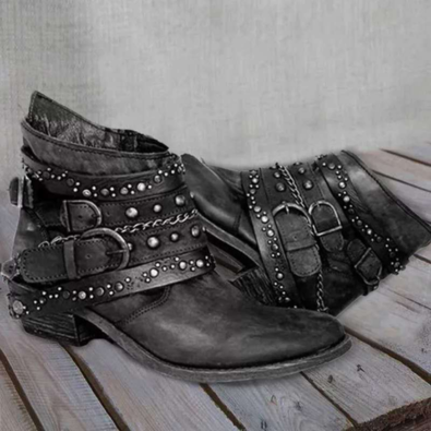 Valenzora | Women's Distressed Leather Ankle Boots, Multiple Straps with Buckles, Western Style