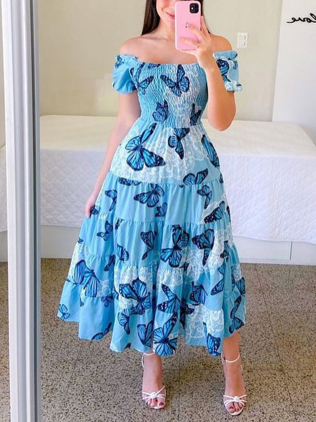 Valenzora | Bedrucktes ausgestelltes Midi-Kleid mit kurzen Ärmeln