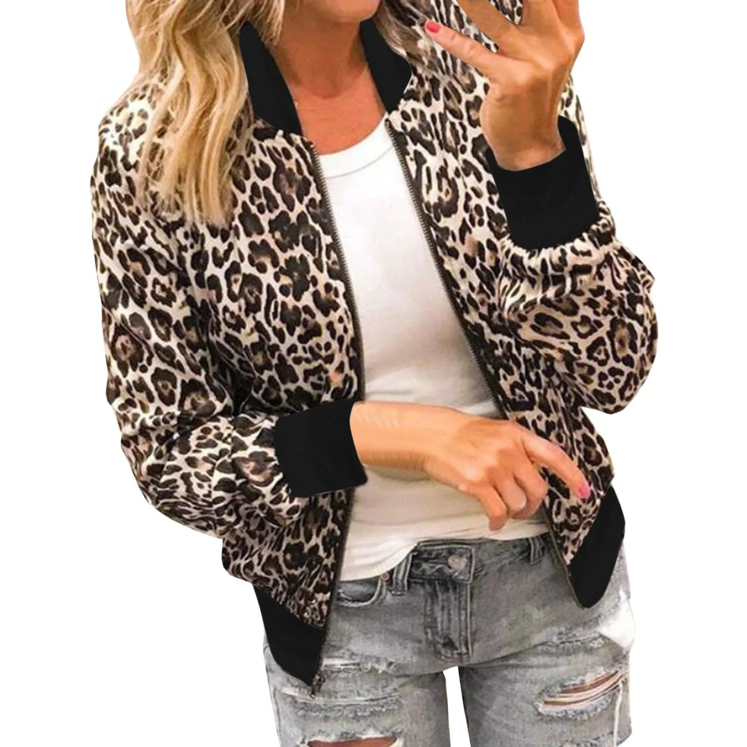 Valenzora | Damen-Sommerjacke mit Leopardenmuster schwarz, Revers und Reißverschluss
