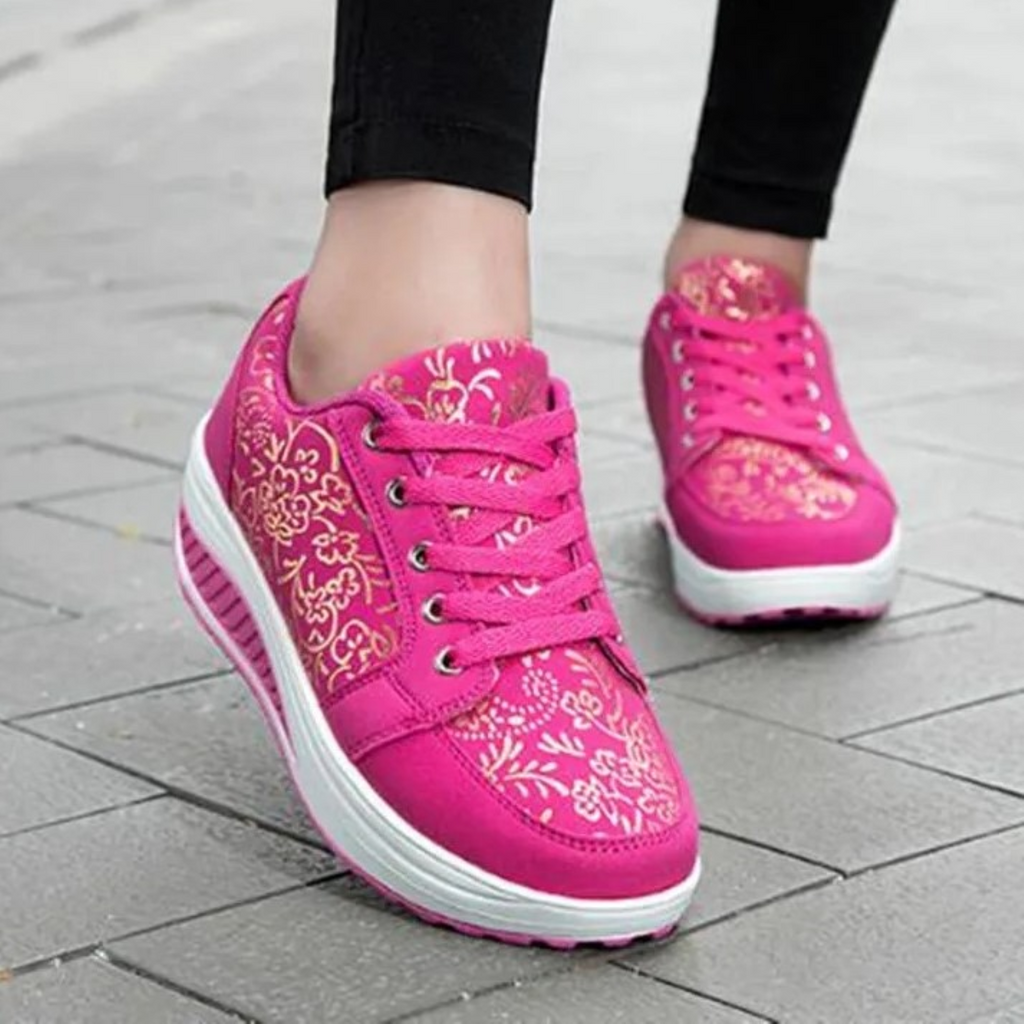Valenzora | Black Leather Orthopedic Women's Sneakers with Floral Pattern