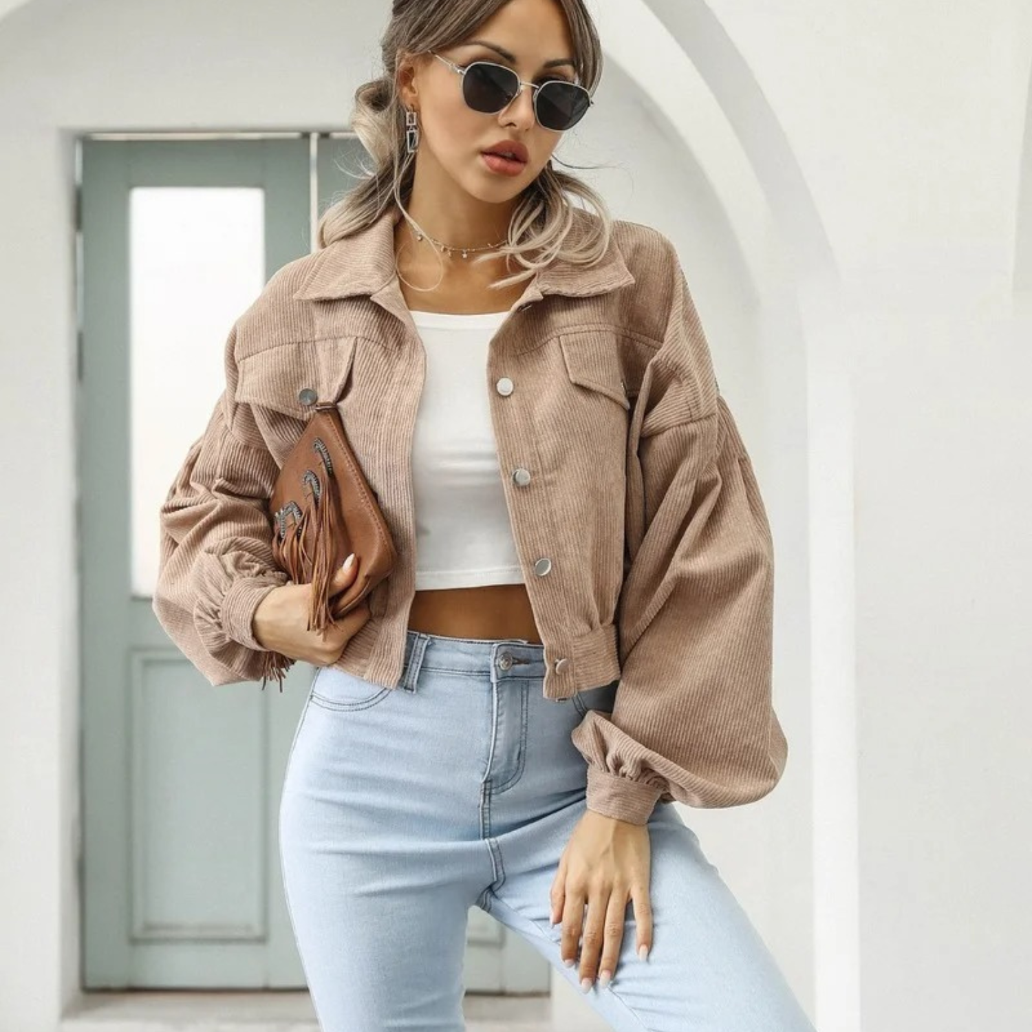 Valenzora | Velvet corduroy lantern sleeve cropped jacket
