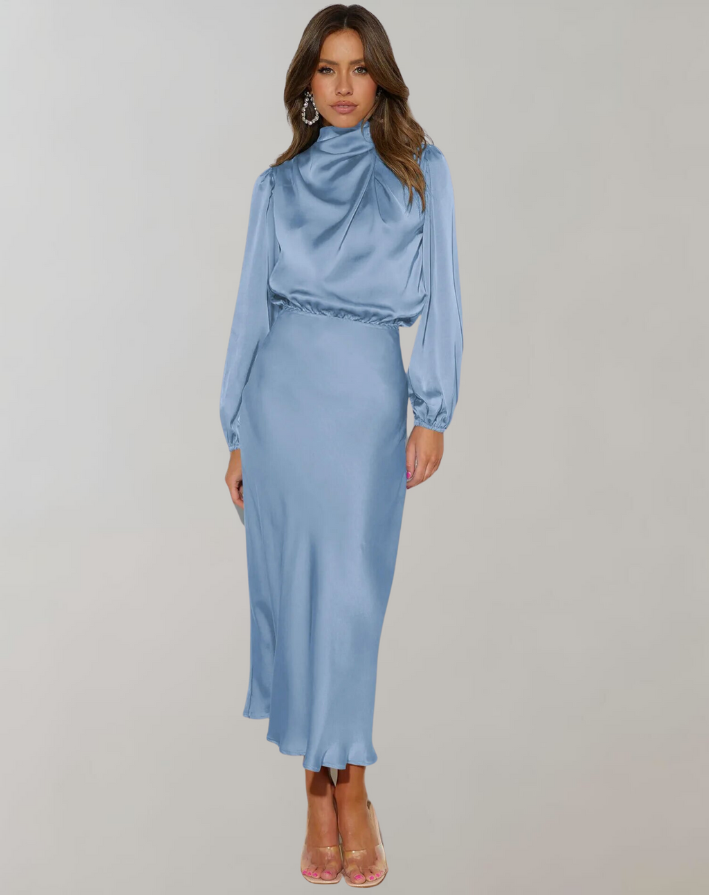 Valenzora | Classic Satin Dress with High Collar and Long Sleeves for Women