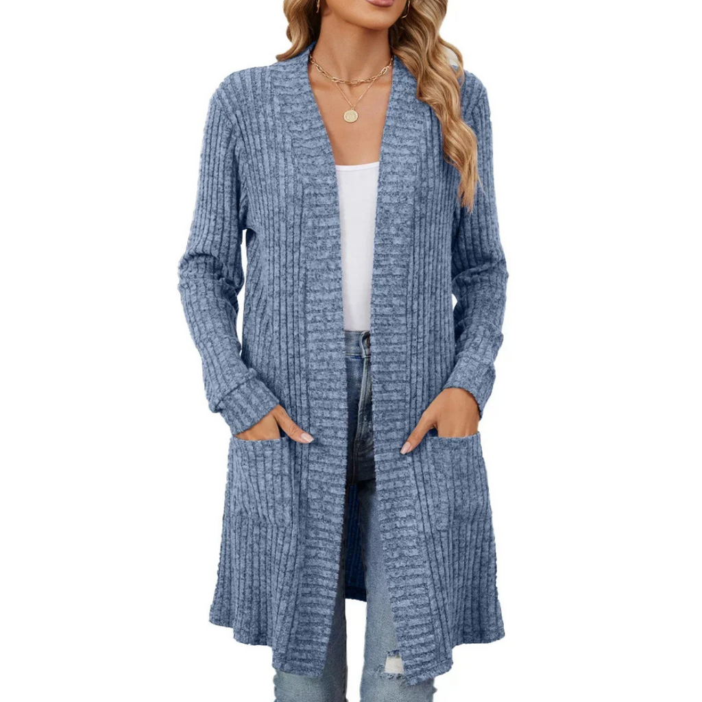 Valenzora | Long Women's Ribbed Open Front Cardigan with Pockets