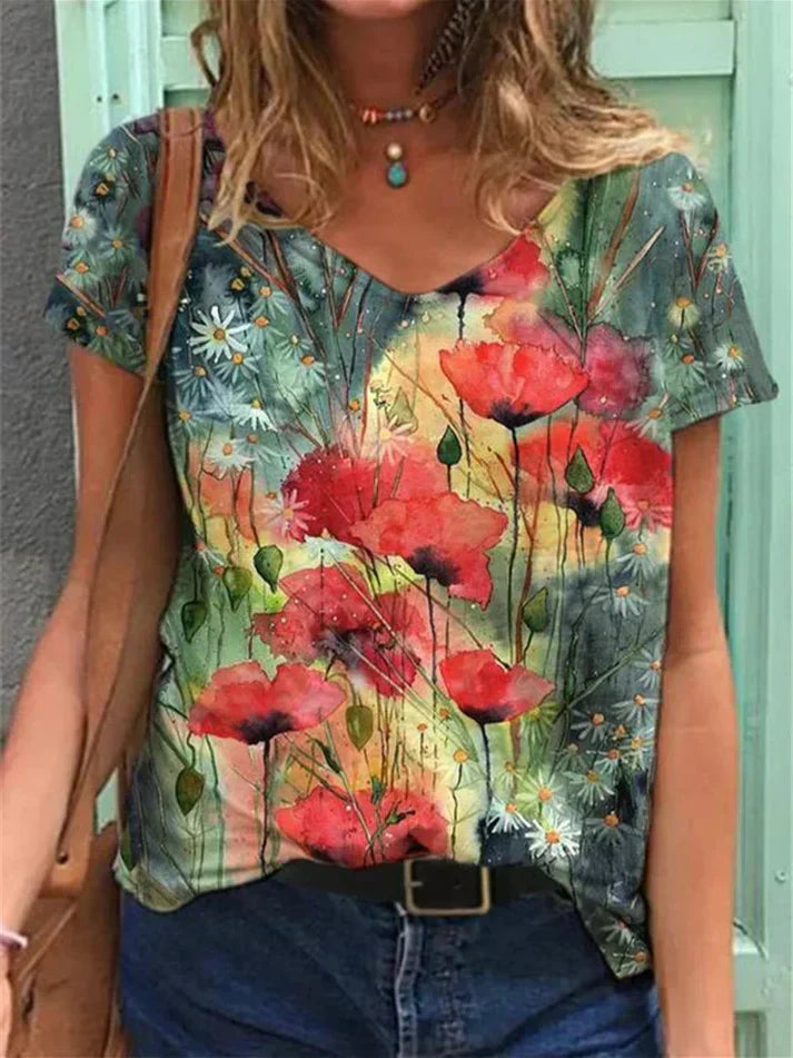 Valenzora | V-neck shirt with floral painting