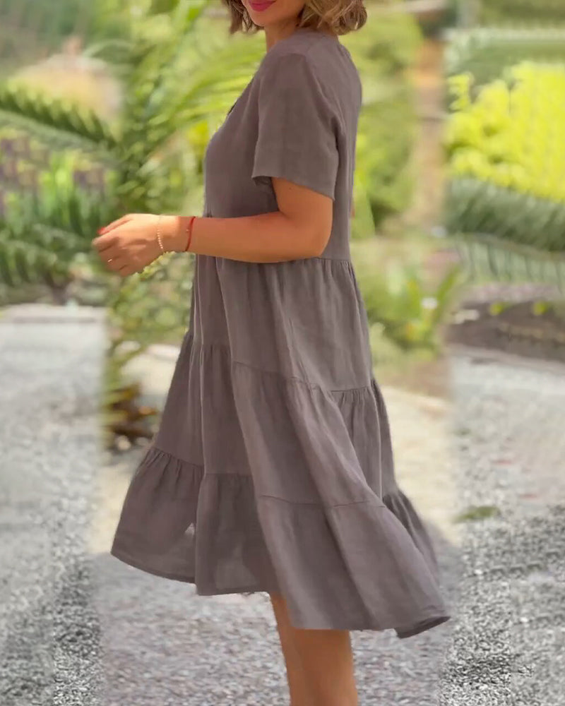 Valenzora | Plain cotton-linen dress with V-neck
