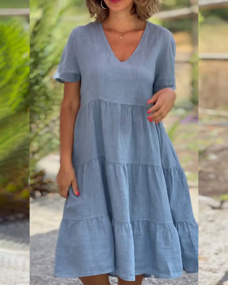 Valenzora | Plain cotton-linen dress with V-neck