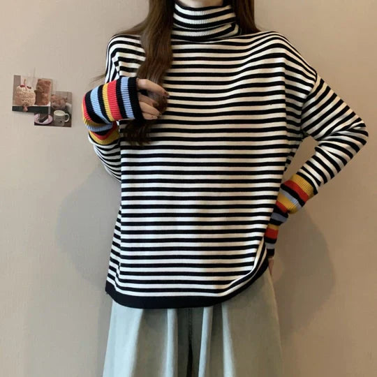 Striped sweater with a high neckline