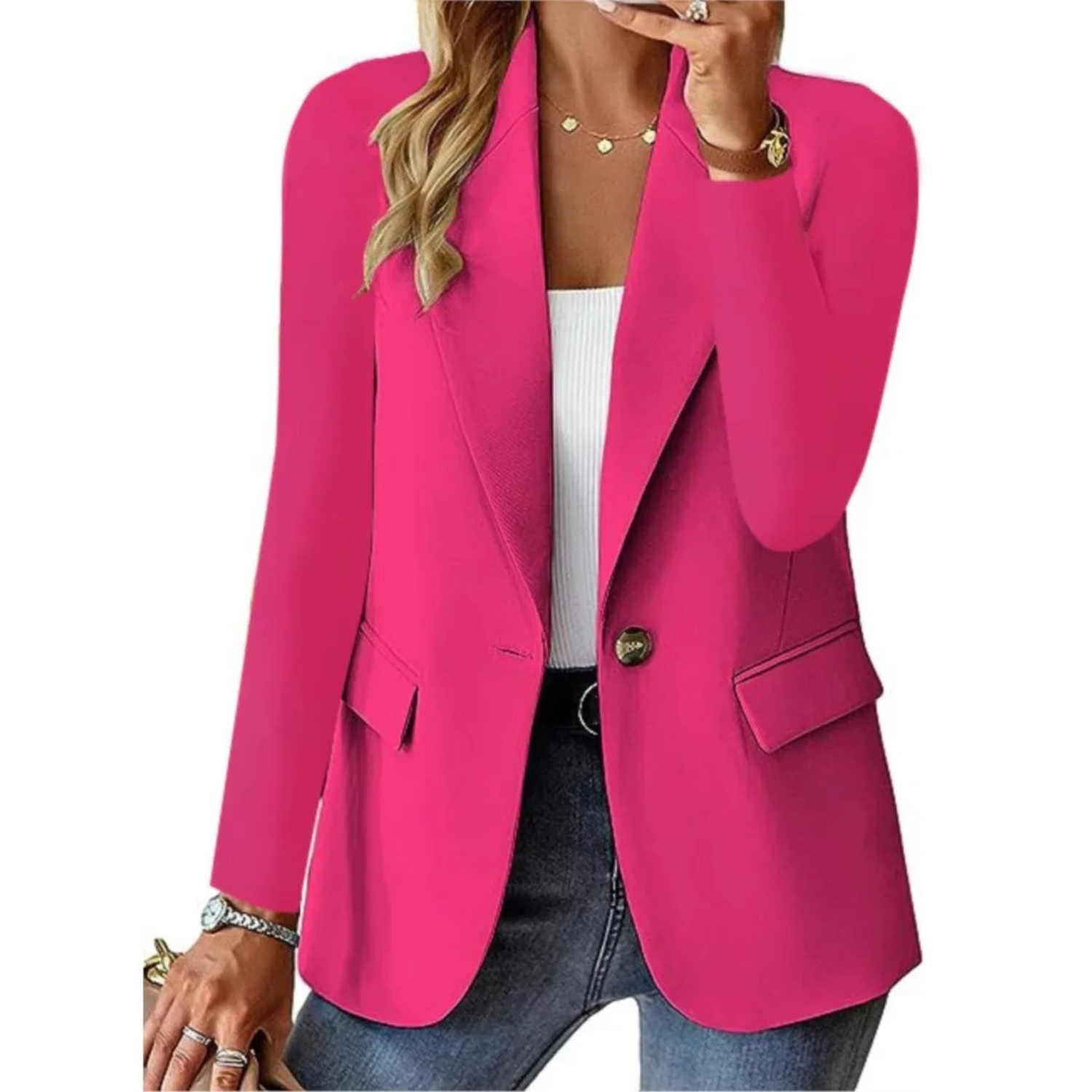 Valenzora | Casual, solid women's blazer with long sleeves, narrow pocket and buckle