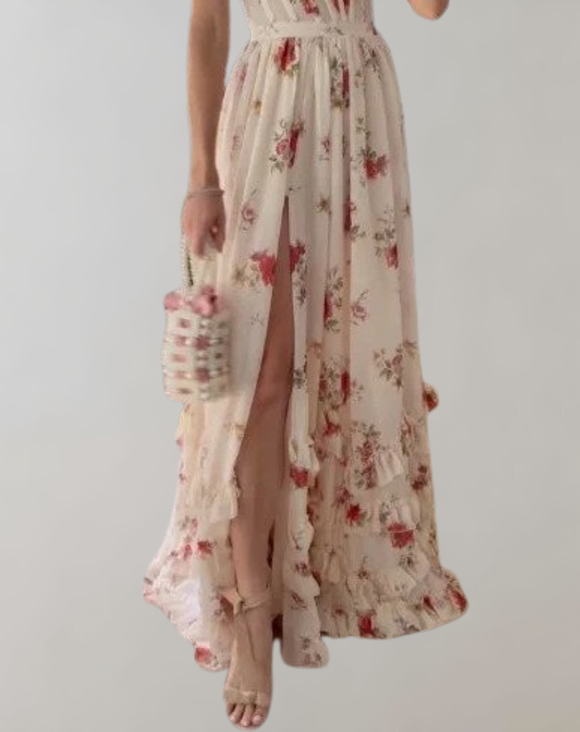 Valenzora | Sleeveless, fitted dress with floral print and sexy leg cutout