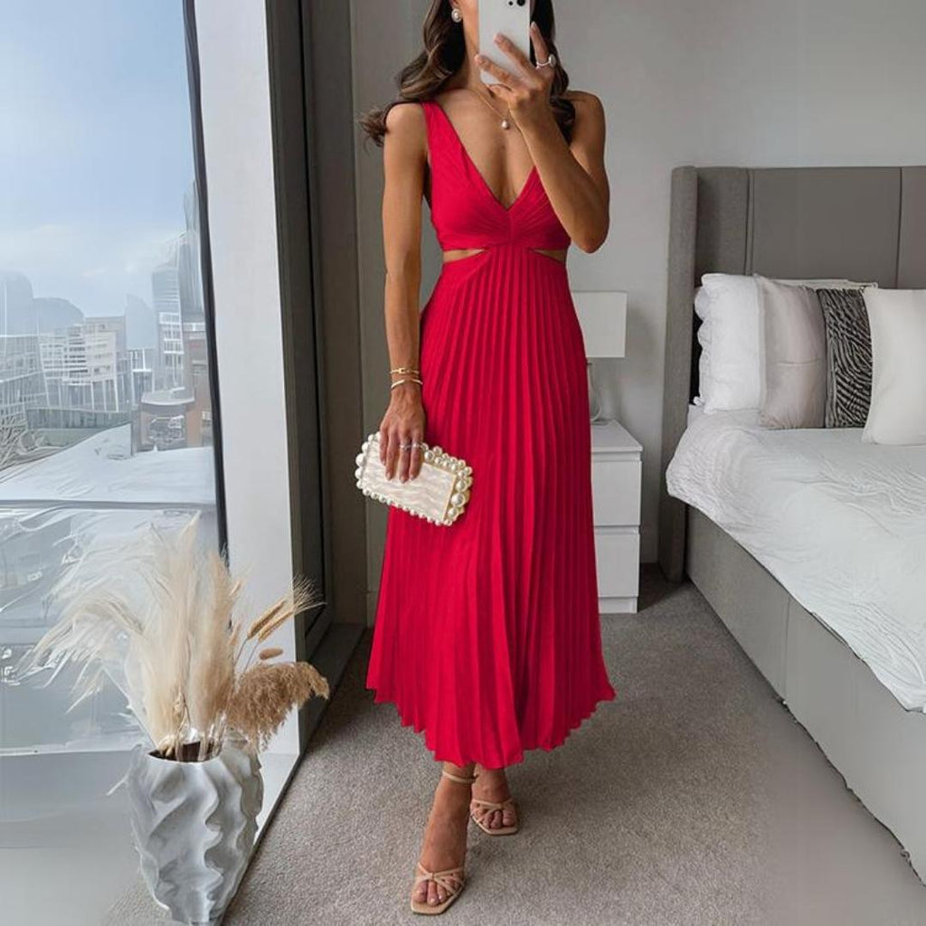 Valenzora | Midi Dress Sleeveless V-neck Twist Front & Cut Out Detail Pleated Skirt