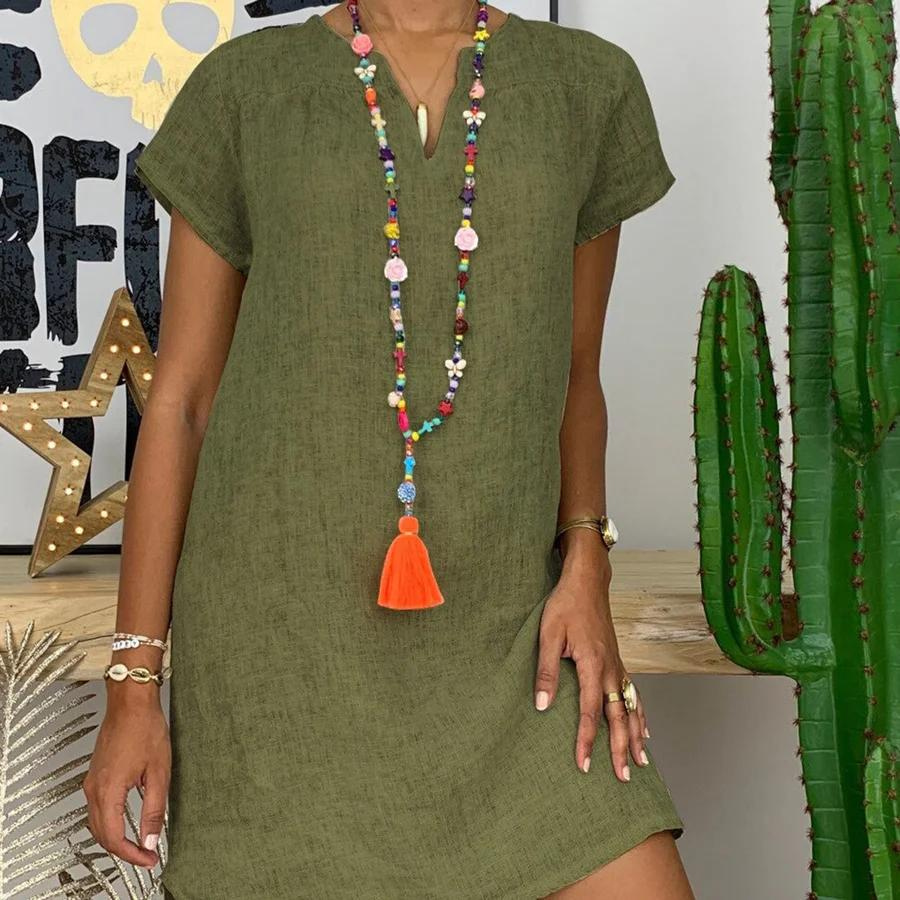 Valenzora | Chic linen midi dress with V-neck for women