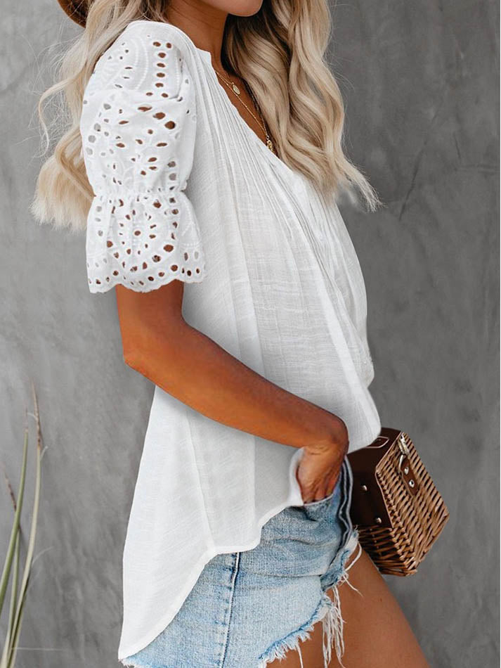 Valenzora | Casual V-neck short lace sleeve top