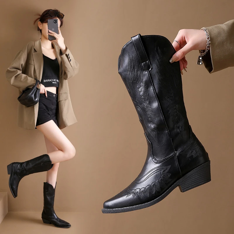Valenzora | Westernstiefel mit detaillierter Stickerei & niedrigem Absatz, Cowboystiefel für Damen