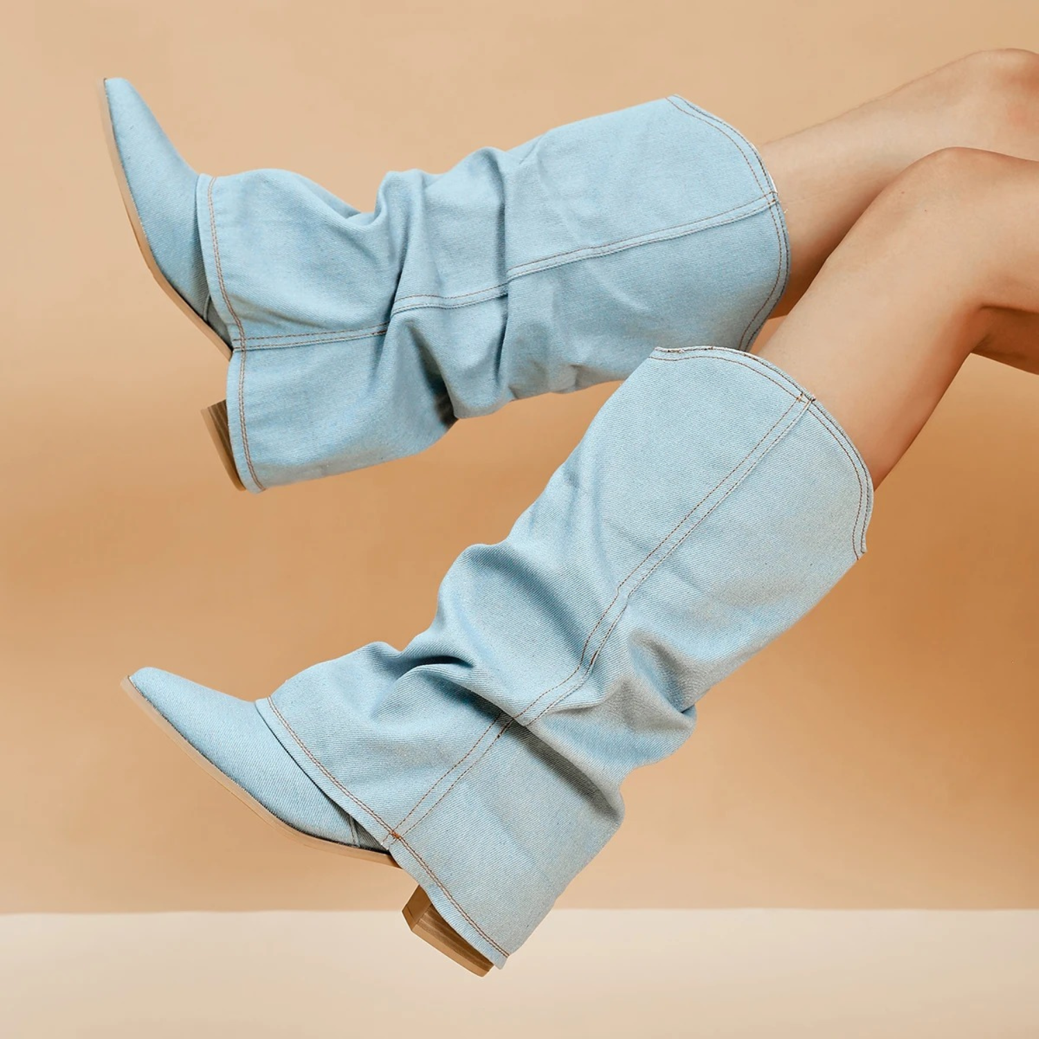 Valenzora | folded denim boots with block heel