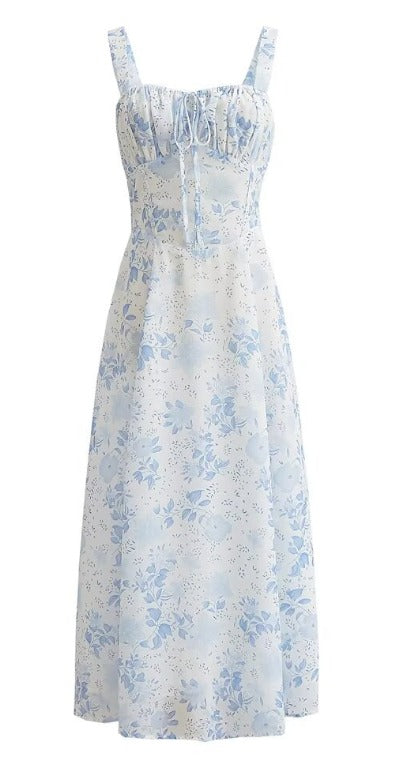 Blaues Midikleid mit Blumenmuster und eckigem Ausschnitt