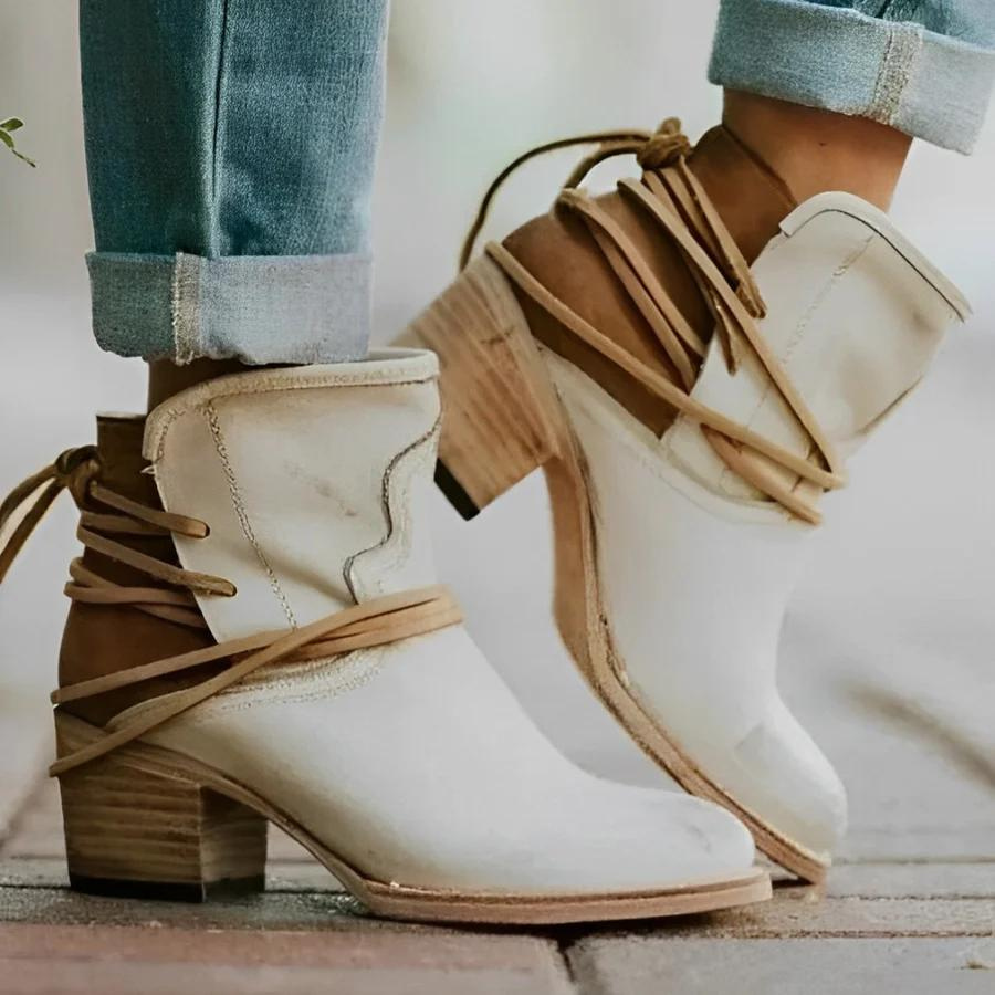Valenzora | Western-Stiefeletten für Damen mit Wickelschnürung, gewaschenem Leder, klobigem Absatz