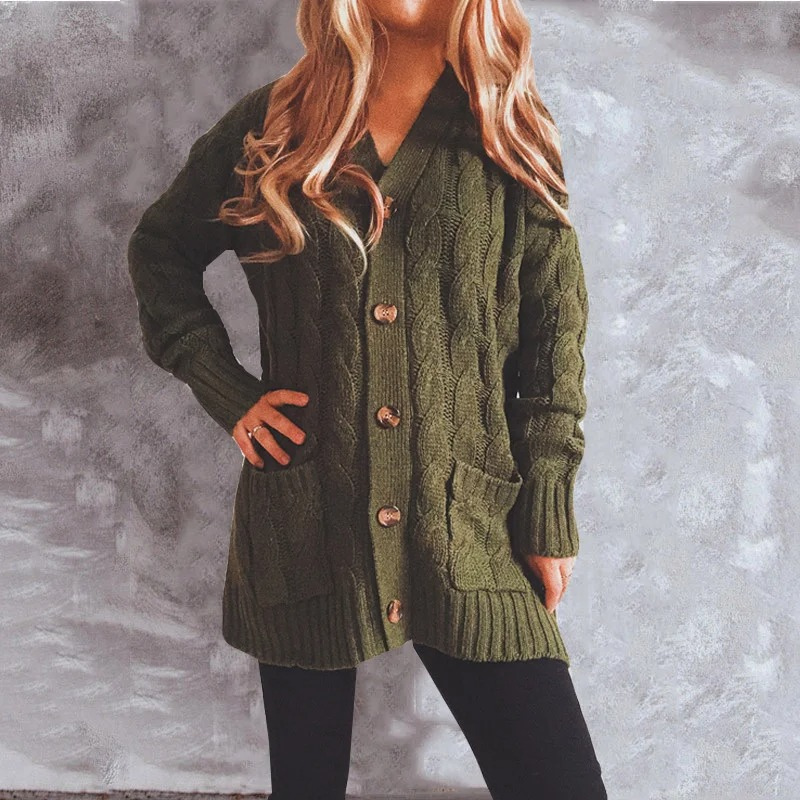 Valenzora | Damen-Wollstrickjacke mit Zopfmuster und Holzknöpfen, lockere Passform