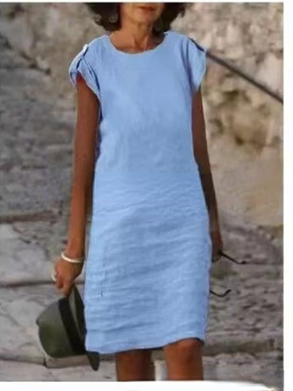 Valenzora | Damen-Midikleid aus farbenfroher Baumwoll-Leinen-Mischung, ärmellos mit Rundhalsausschnitt