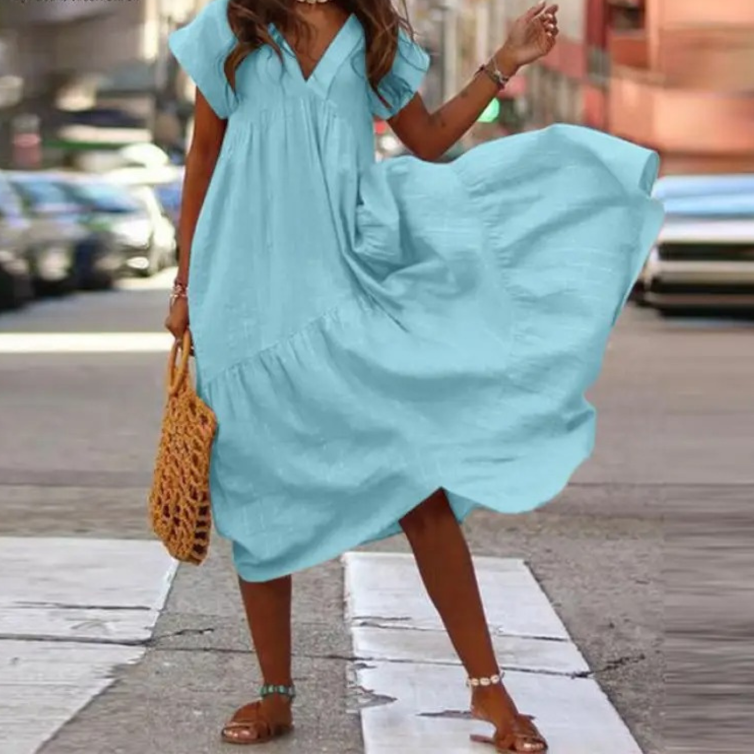 Valenzora – Maxi-Hemdblusenkleid mit V-Ausschnitt und Rüschen