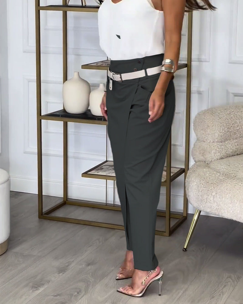 Valenzora | Stylish solid-color trousers with pockets and a horizontal design