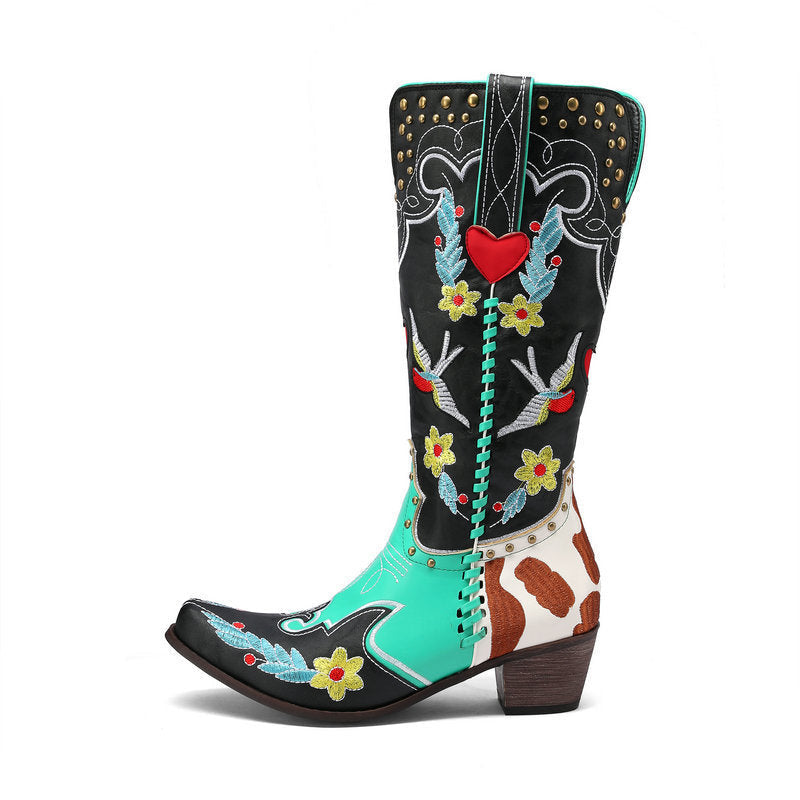 Valenzora | Denim Western Shoes Women's Leather Boots Fantastic Embroidery