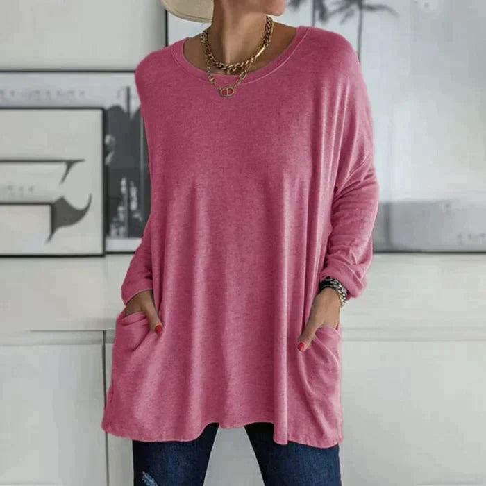 Valenzora | Fashionable tunic top with pockets - Relaxed fit, round neck, long sleeves