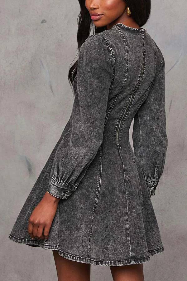 Valenzora | Fade Into You Denim Princess Line Mini-Stretchkleid mit ausgestelltem Rock und Reißverschluss hinten