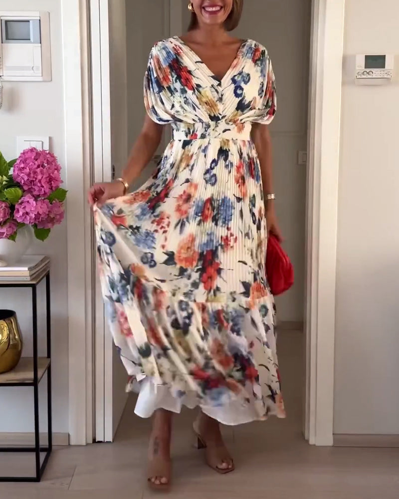 Valenzora | Beautiful Elegant Pleated Dress with Floral Pattern