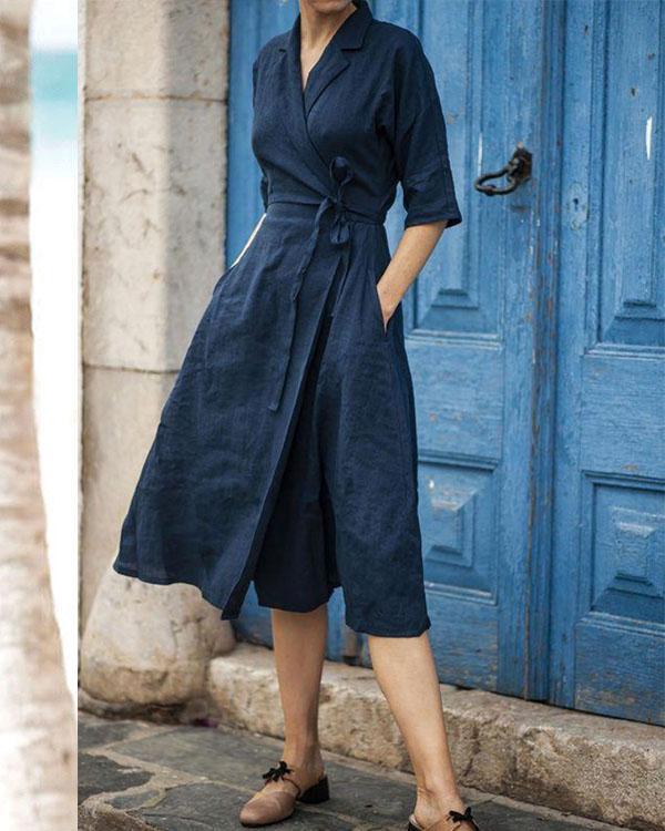 Valenzora | Cotton-linen belted collar dress