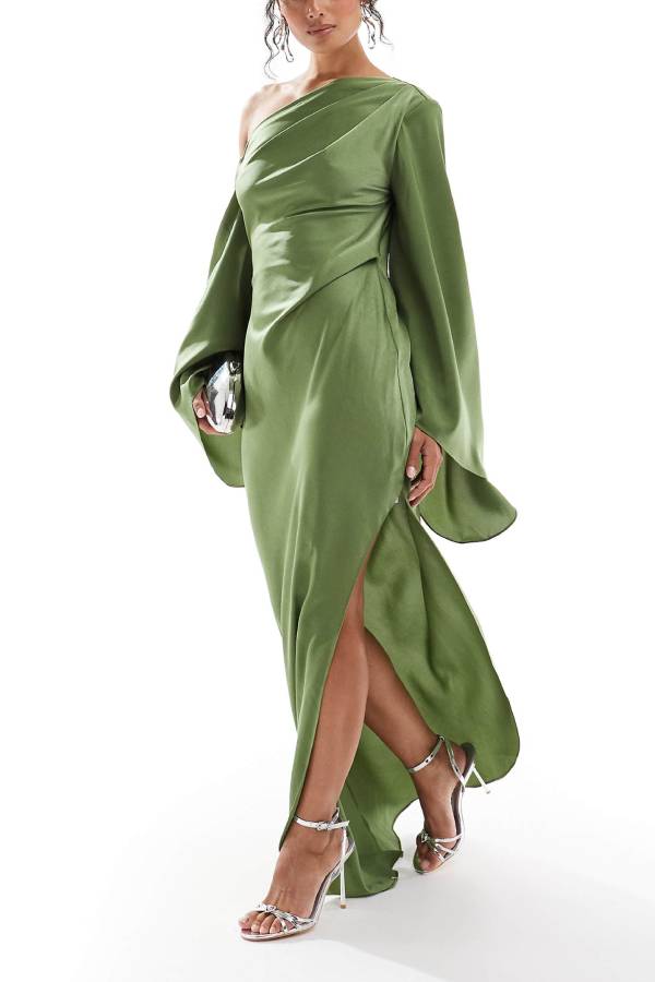 Valenzora | Zayla Satin-Maxikleid mit asymmetrischem One-Shoulder-Ausschnitt, Glockenärmeln und Schlitz
