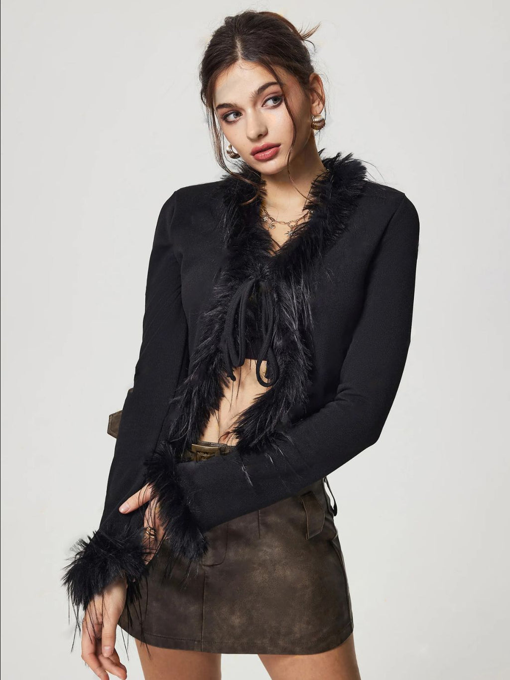 Valenzora | Bound Fuzzy Trim Long Sleeve Cardigan