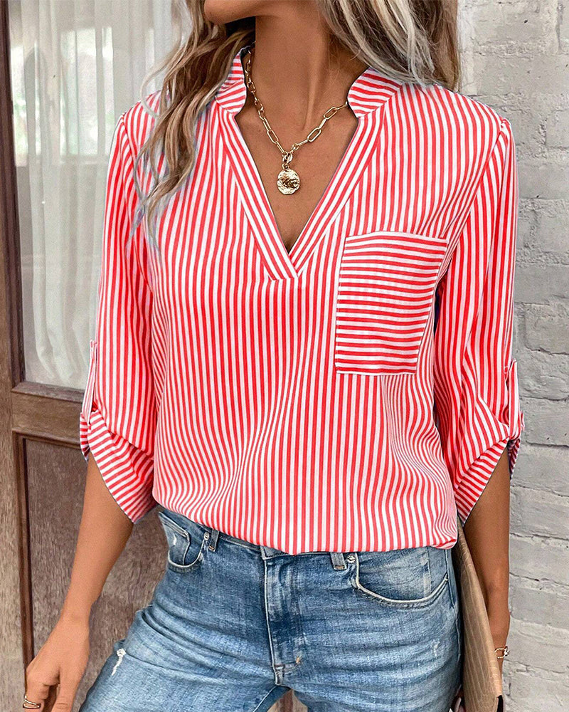 Valenzora | striped shirt with V-neck and chest pocket