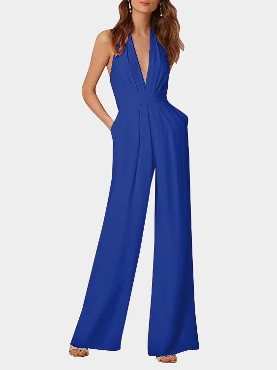 Valenzora | Tiefer V-Ausschnitt Ärmelloser Jumpsuit mit weitem Bein