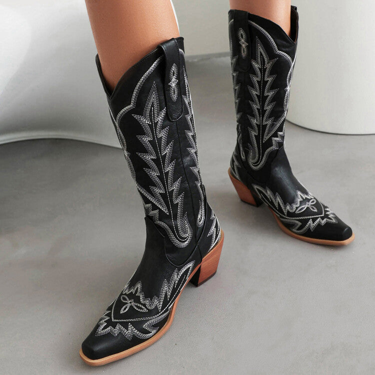 Valenzora | Embroidered Long Knee-High Boots Pointed Toe Chunky Heel High Heel