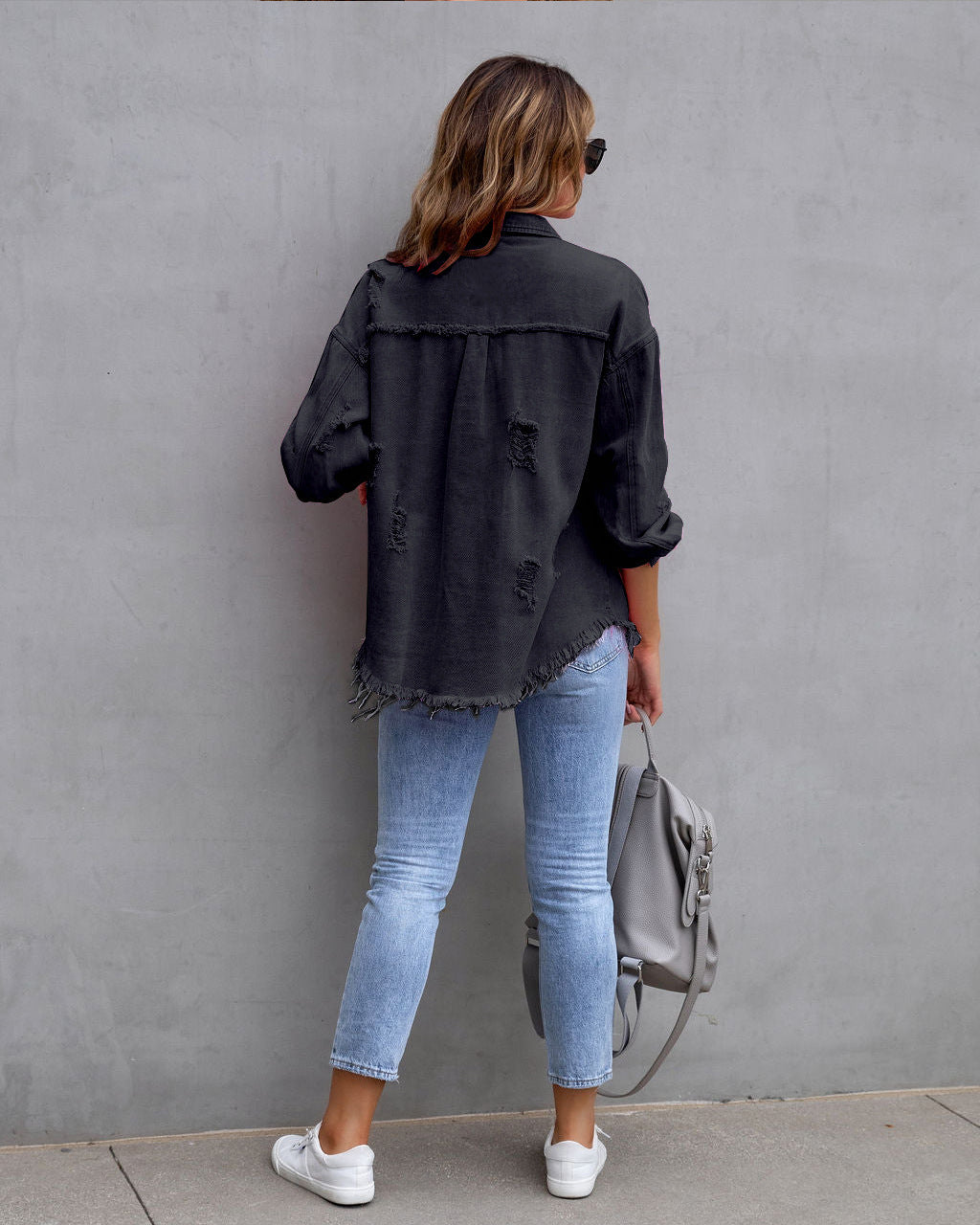 Valenzora | Denim Blouse - Women's denim jacket with fringed details and button closure