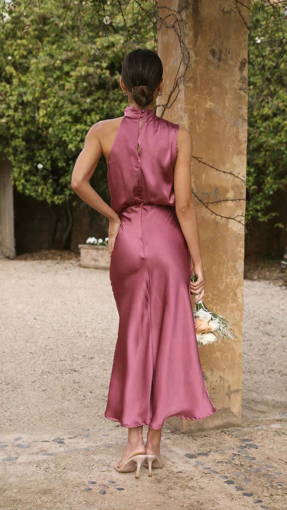 Valenzora | Elegantes Brautjungfernkleid mit langem Neckholder aus Satin