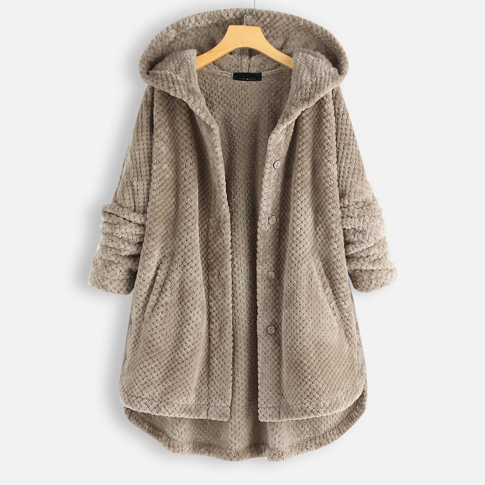 Mid-length, reversible fleece jacket with hood for winter