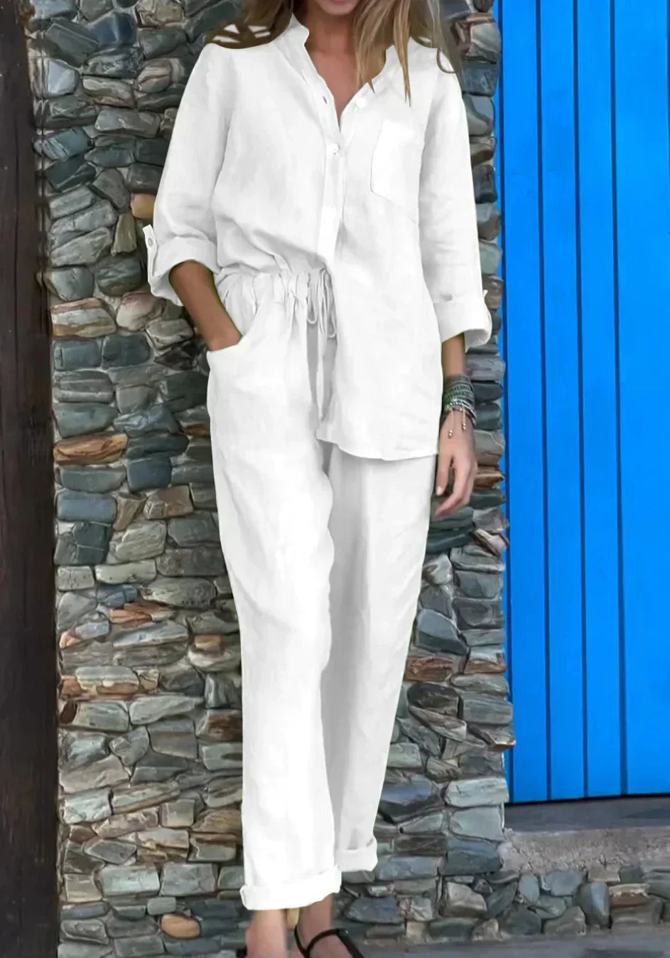Valenzora | Lässiges V-Ausschnitt-Shirt & Hose aus Baumwoll-Leinen-Set