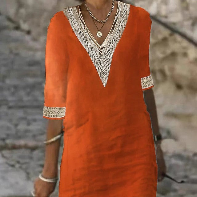 Valenzora | Simple cotton linen dress with V-neck and half sleeves