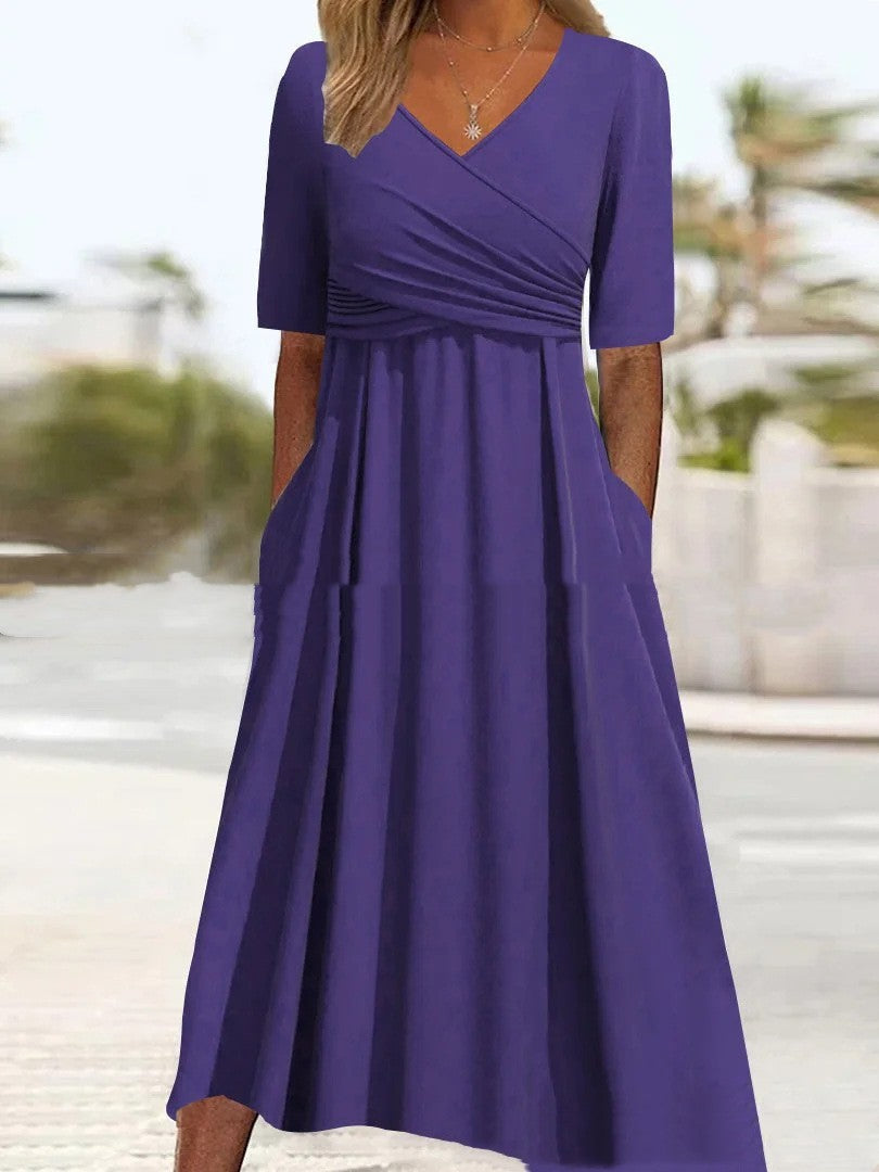 Valenzora | Blue, simple midi dress with V-neck