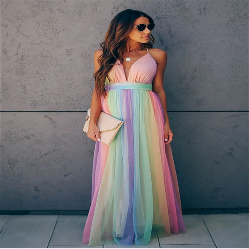 Valenzora | Rainbow Mesh Dress for Women with Straps