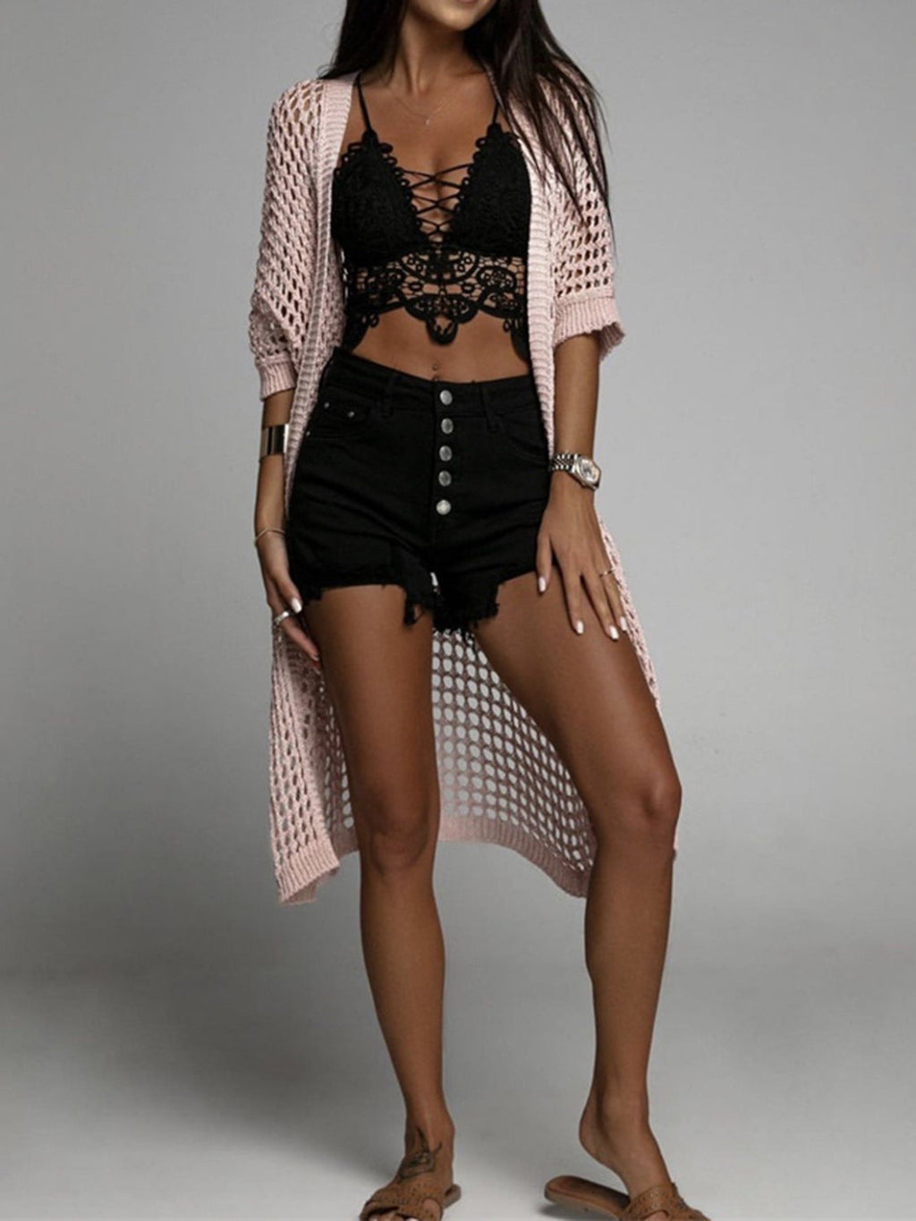 Valenzora | Openwork open front, three-quarter sleeve cover-up