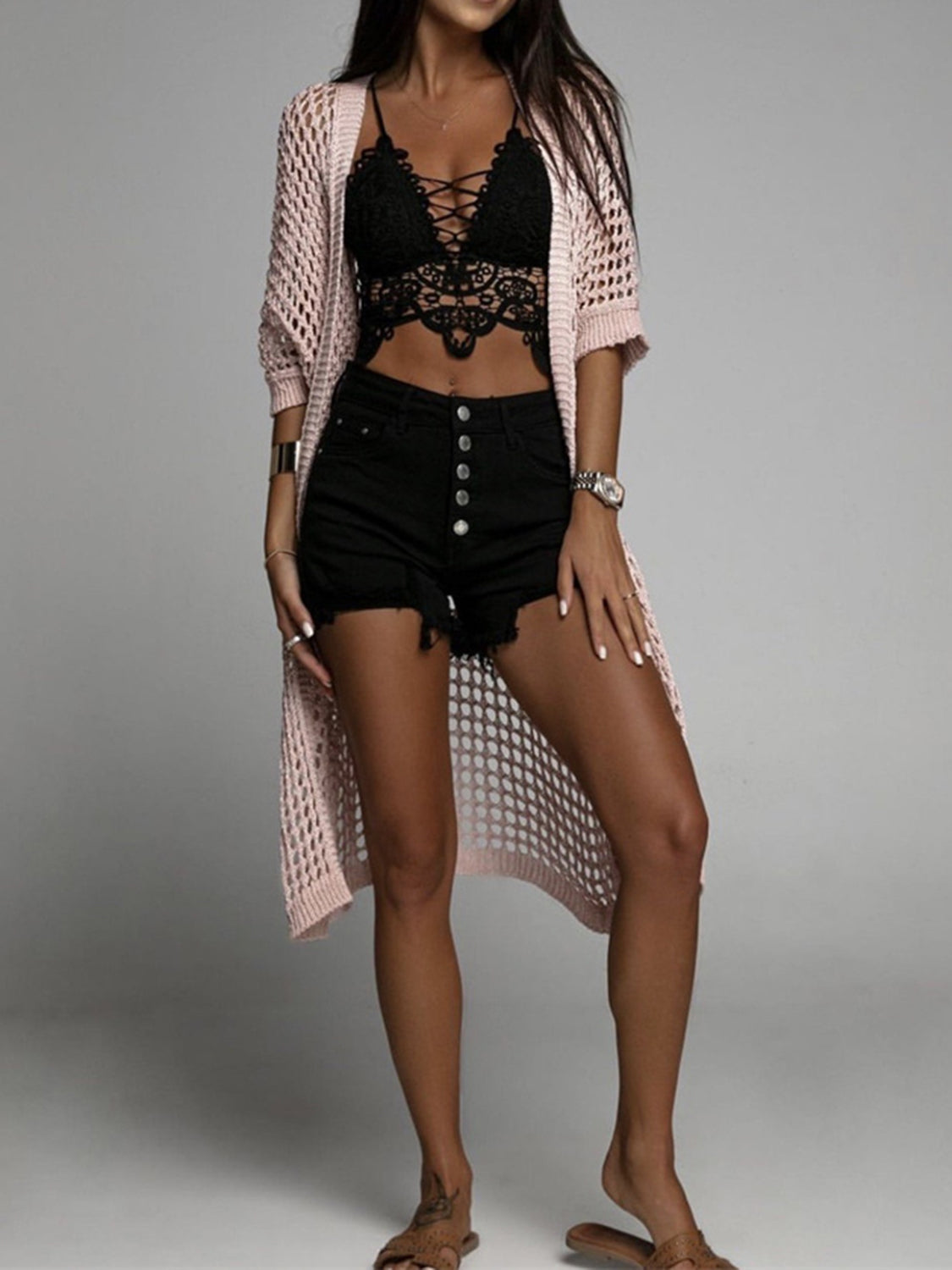 Valenzora | Openwork open front, three-quarter sleeve cover-up