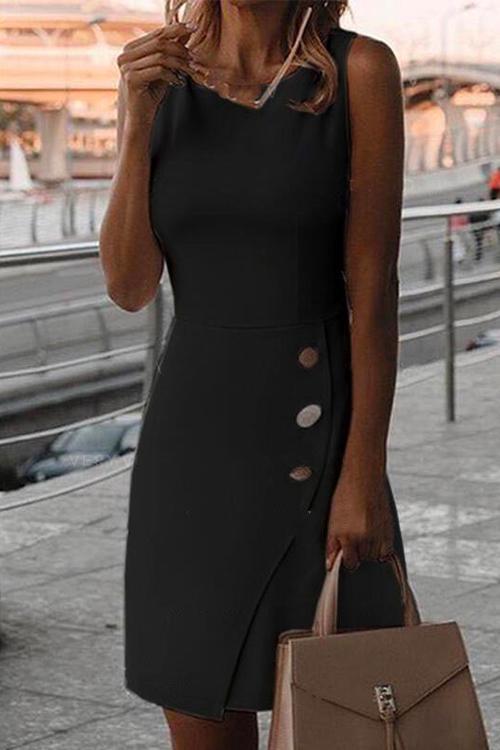 Valenzora | Rosiedress Round Neck Button Sleeveless Office Dress