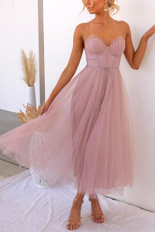 Valenzora | Rosiedress Back Cutout Tie Belt Mesh Swing Maxi Spaghetti Strap Dress