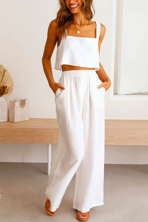 Valenzora | Rosiedress Square Collar Cami Crop Top Wide Leg Trousers Cotton Linen Set