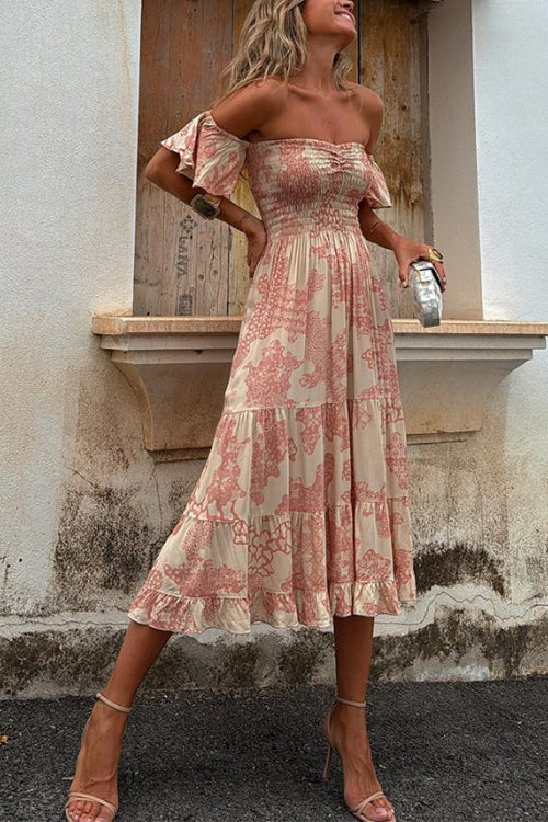 Valenzora | Off shoulder smocked midi dress