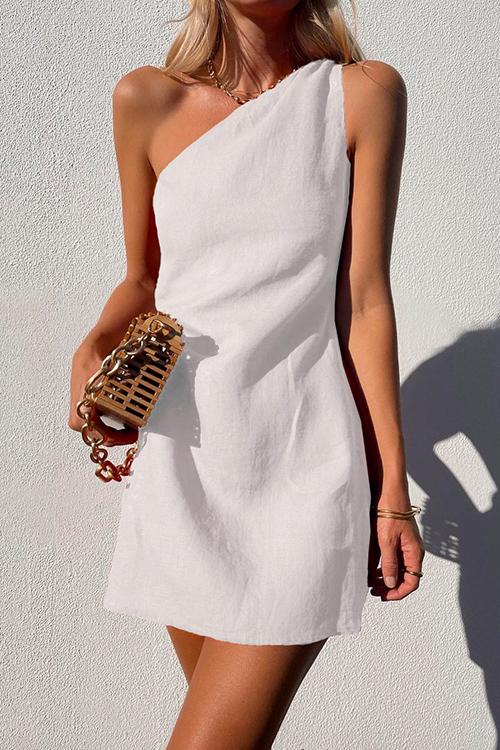 Valenzora | Rosiedress One Shoulder Solid Cotton Linen Mini Dress