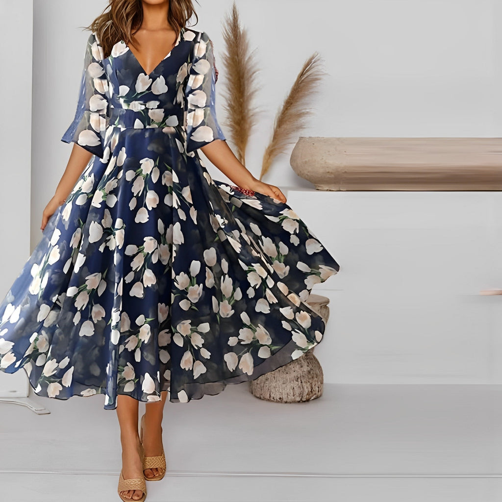 Valenzora | Florales Siphonkleid mit breitem V-Ausschnitt